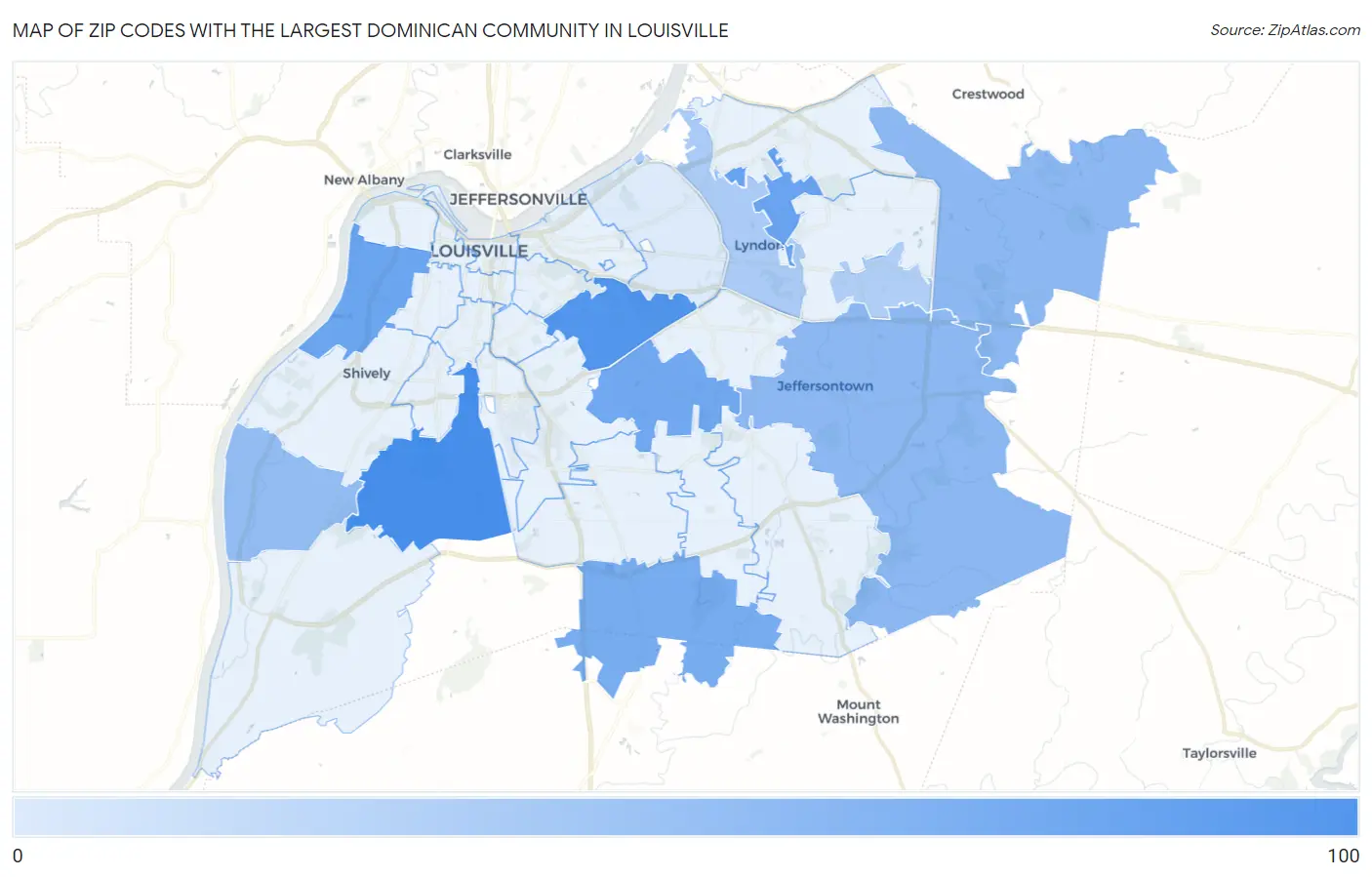 Zip Codes with the Largest Dominican Community in Louisville Map