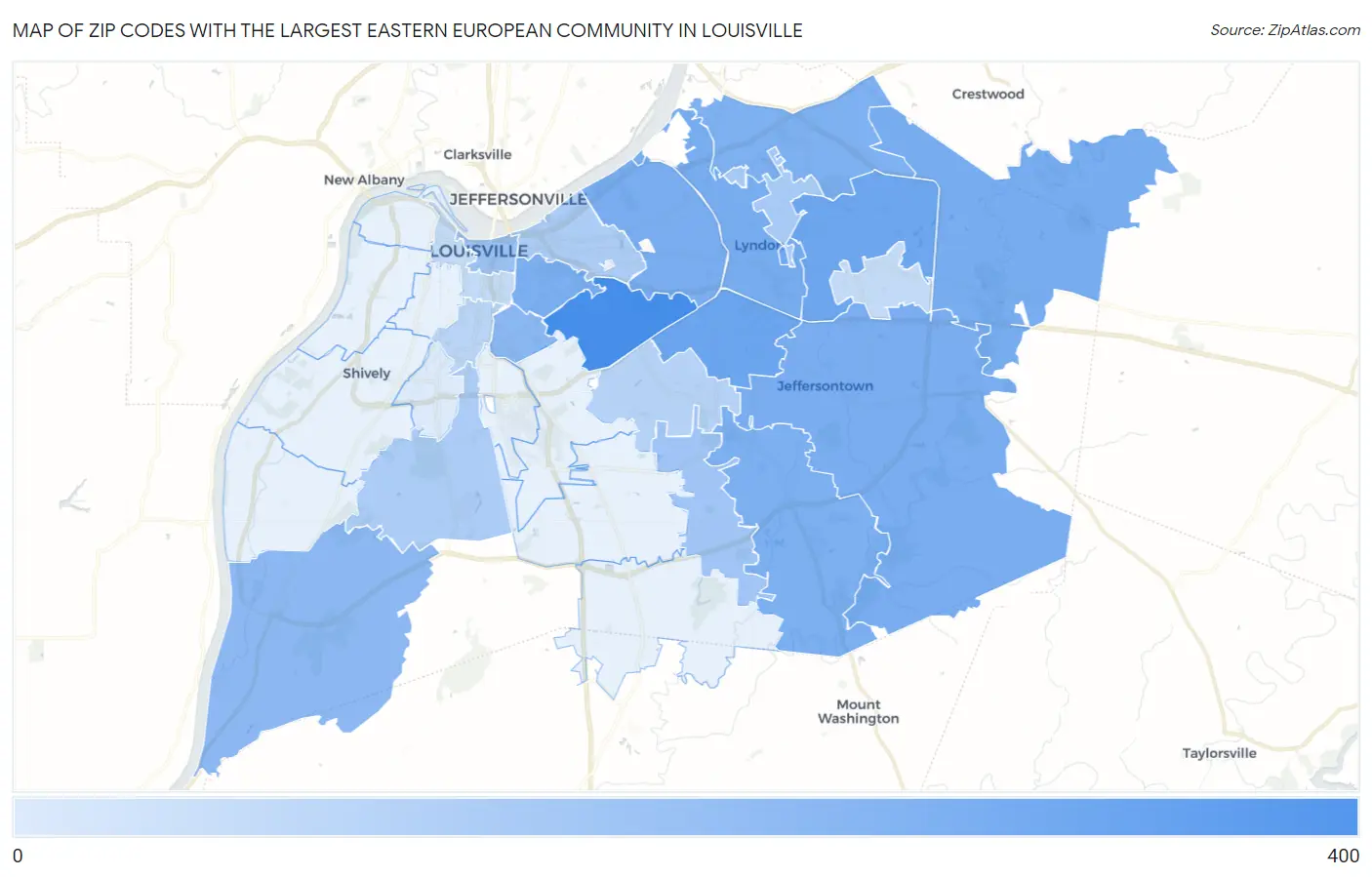 Zip Codes with the Largest Eastern European Community in Louisville Map