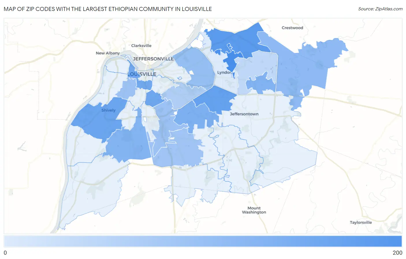 Zip Codes with the Largest Ethiopian Community in Louisville Map