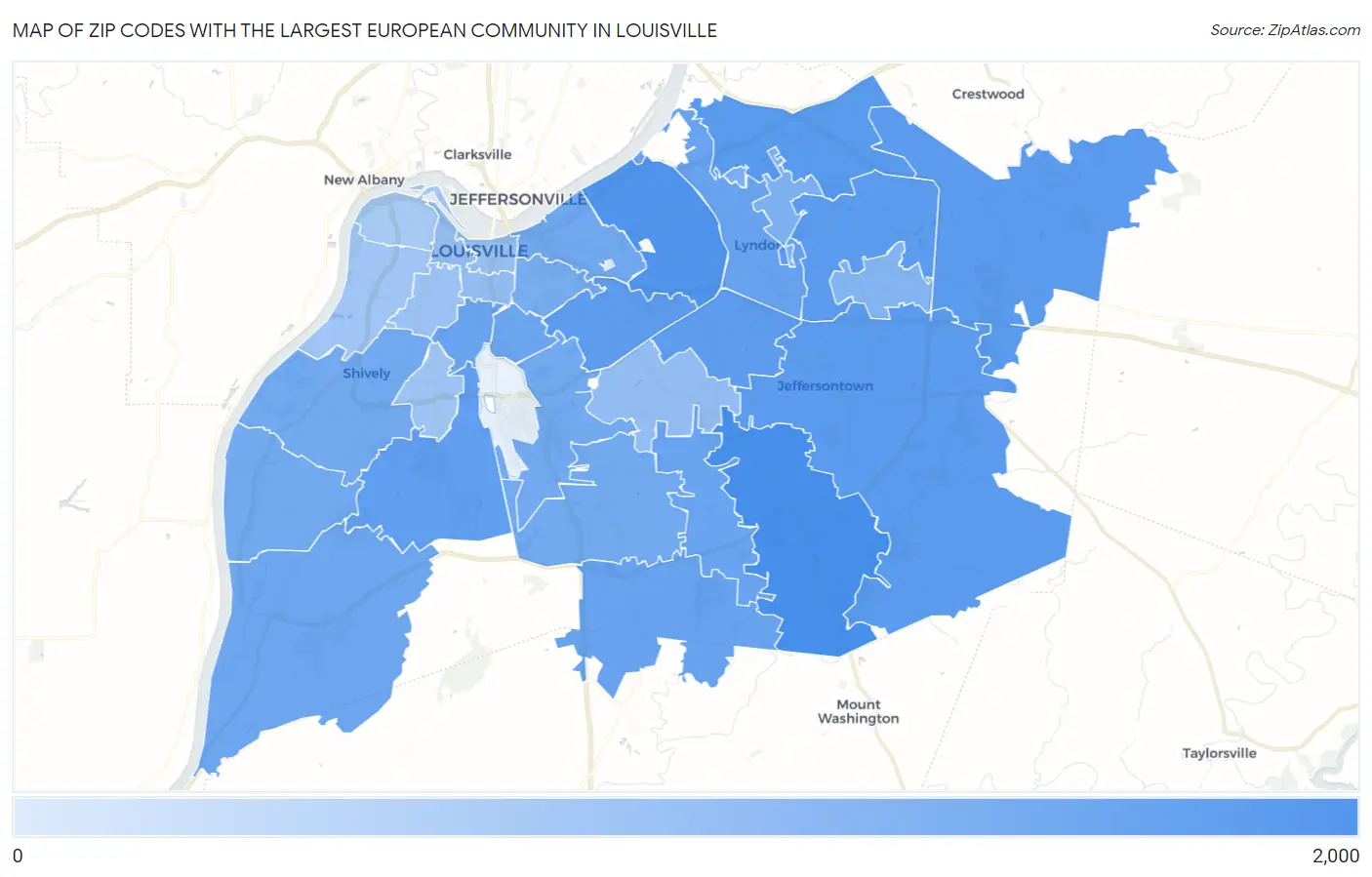 Zip Codes with the Largest European Community in Louisville Map