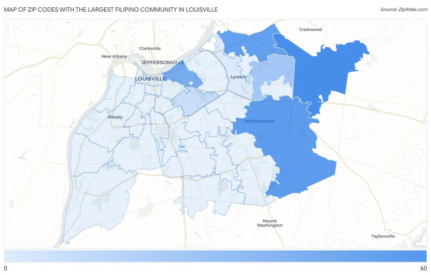 Zip Codes with the Largest Filipino Community in Louisville Map
