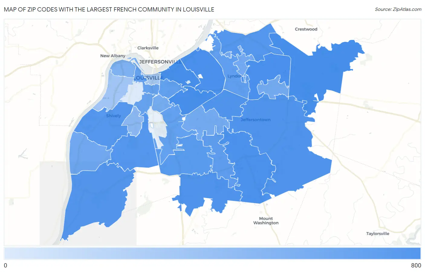 Zip Codes with the Largest French Community in Louisville Map