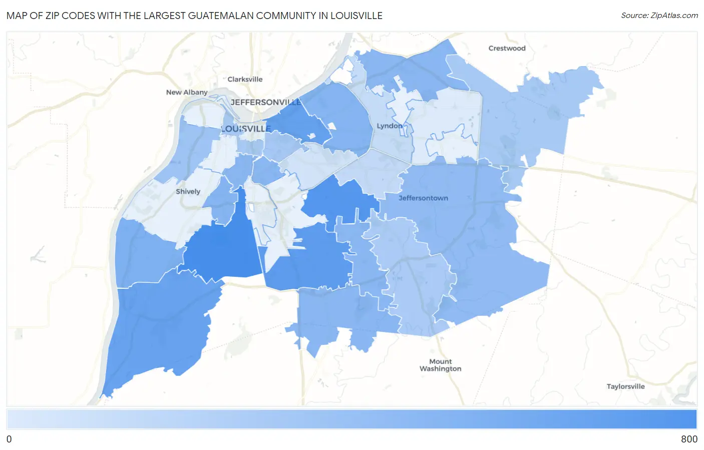 Zip Codes with the Largest Guatemalan Community in Louisville Map