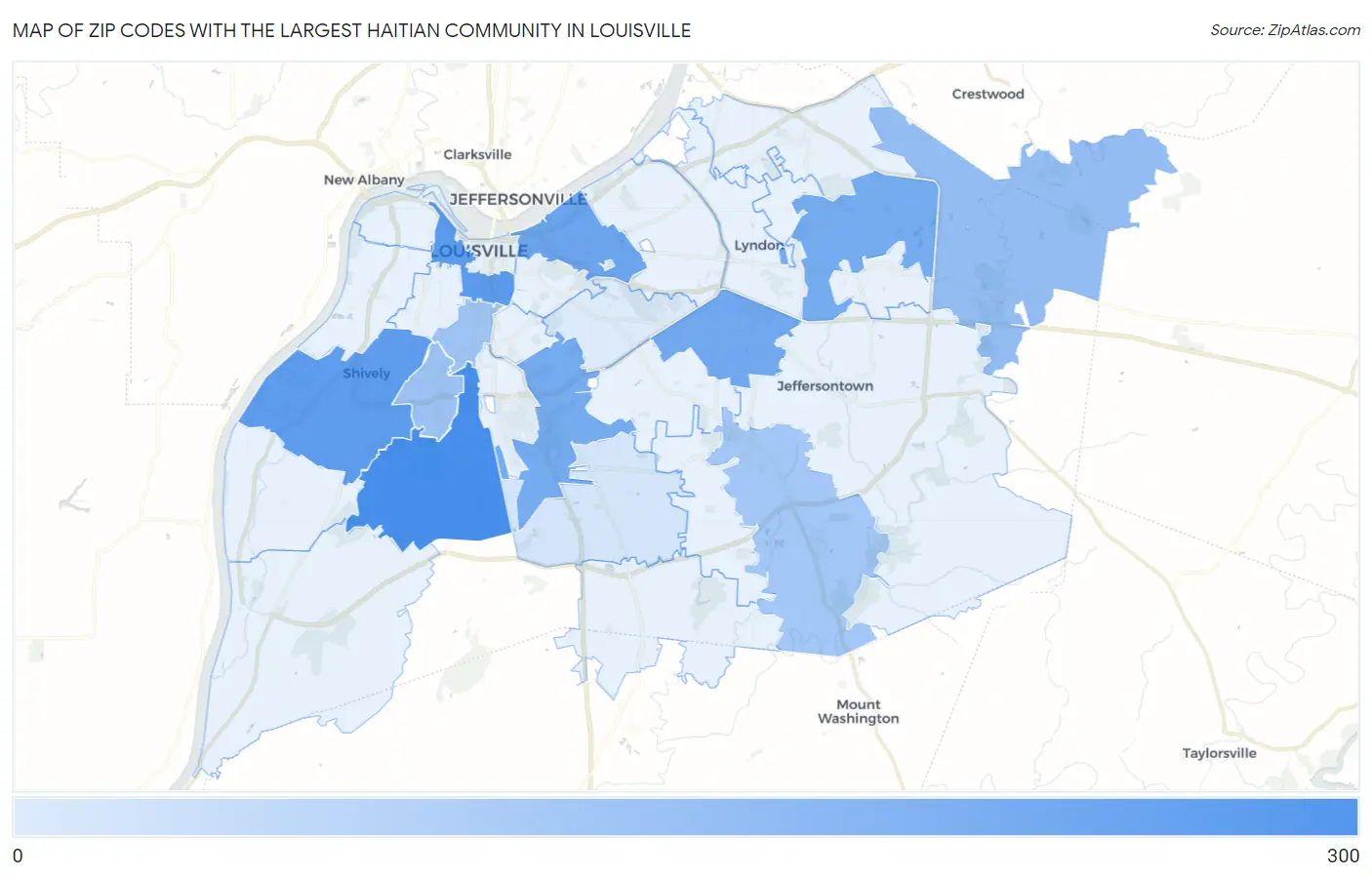 Zip Codes with the Largest Haitian Community in Louisville Map