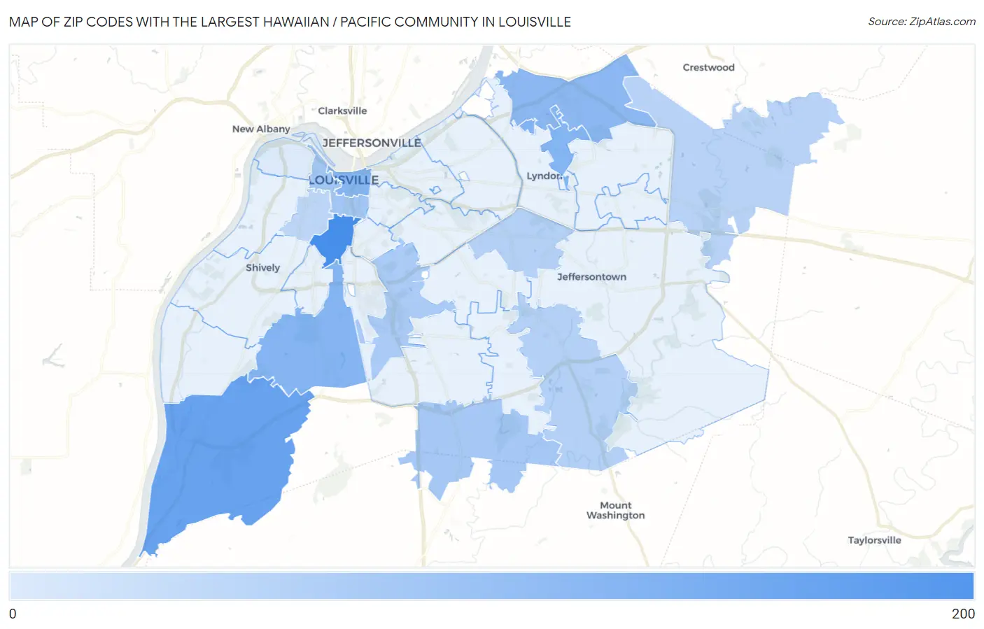 Zip Codes with the Largest Hawaiian / Pacific Community in Louisville Map