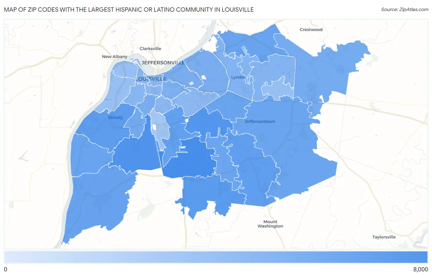 Zip Codes with the Largest Hispanic or Latino Community in Louisville Map