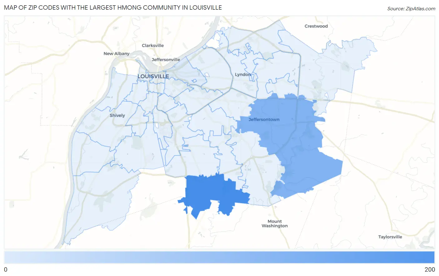 Zip Codes with the Largest Hmong Community in Louisville Map