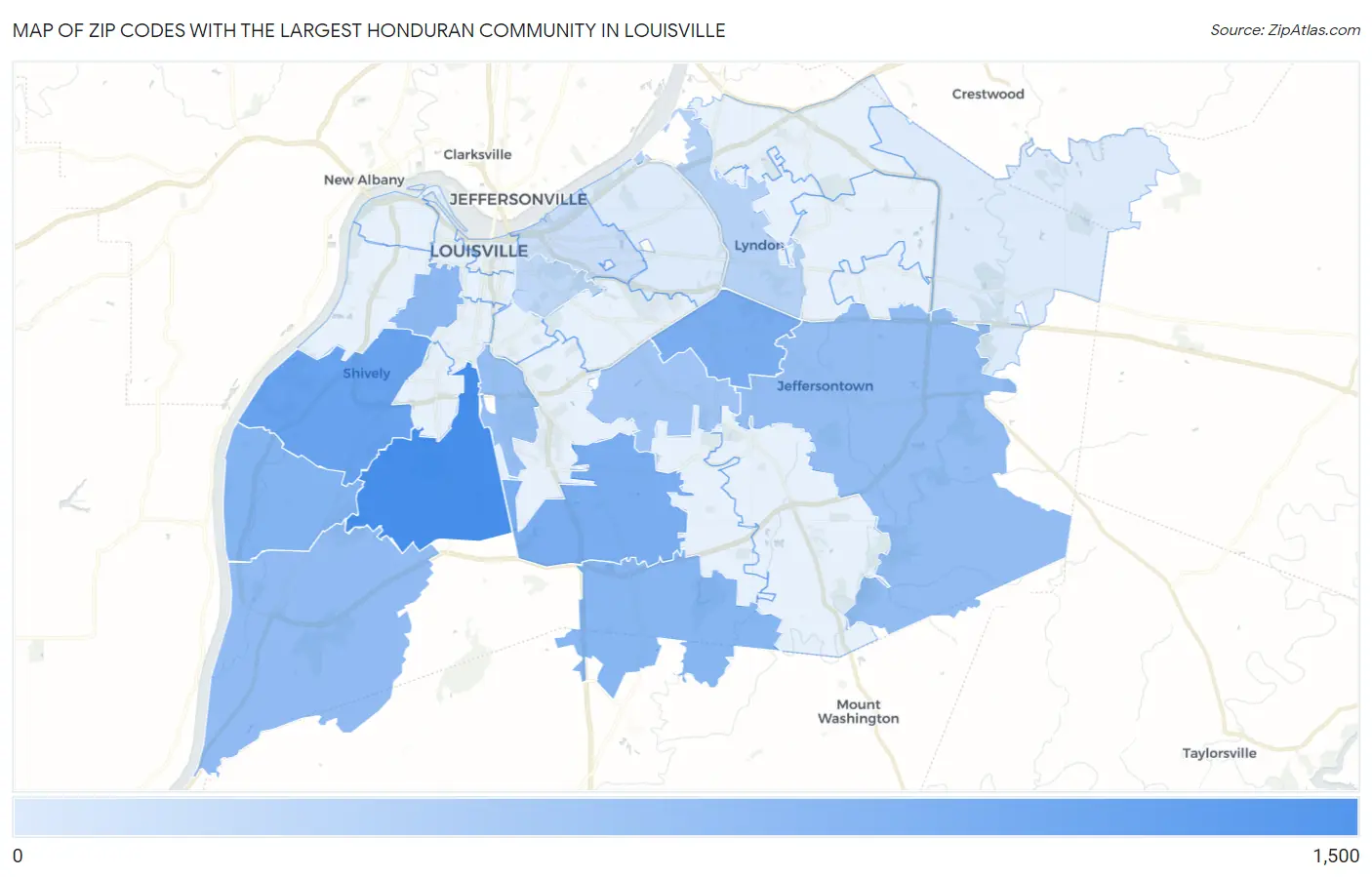 Zip Codes with the Largest Honduran Community in Louisville Map