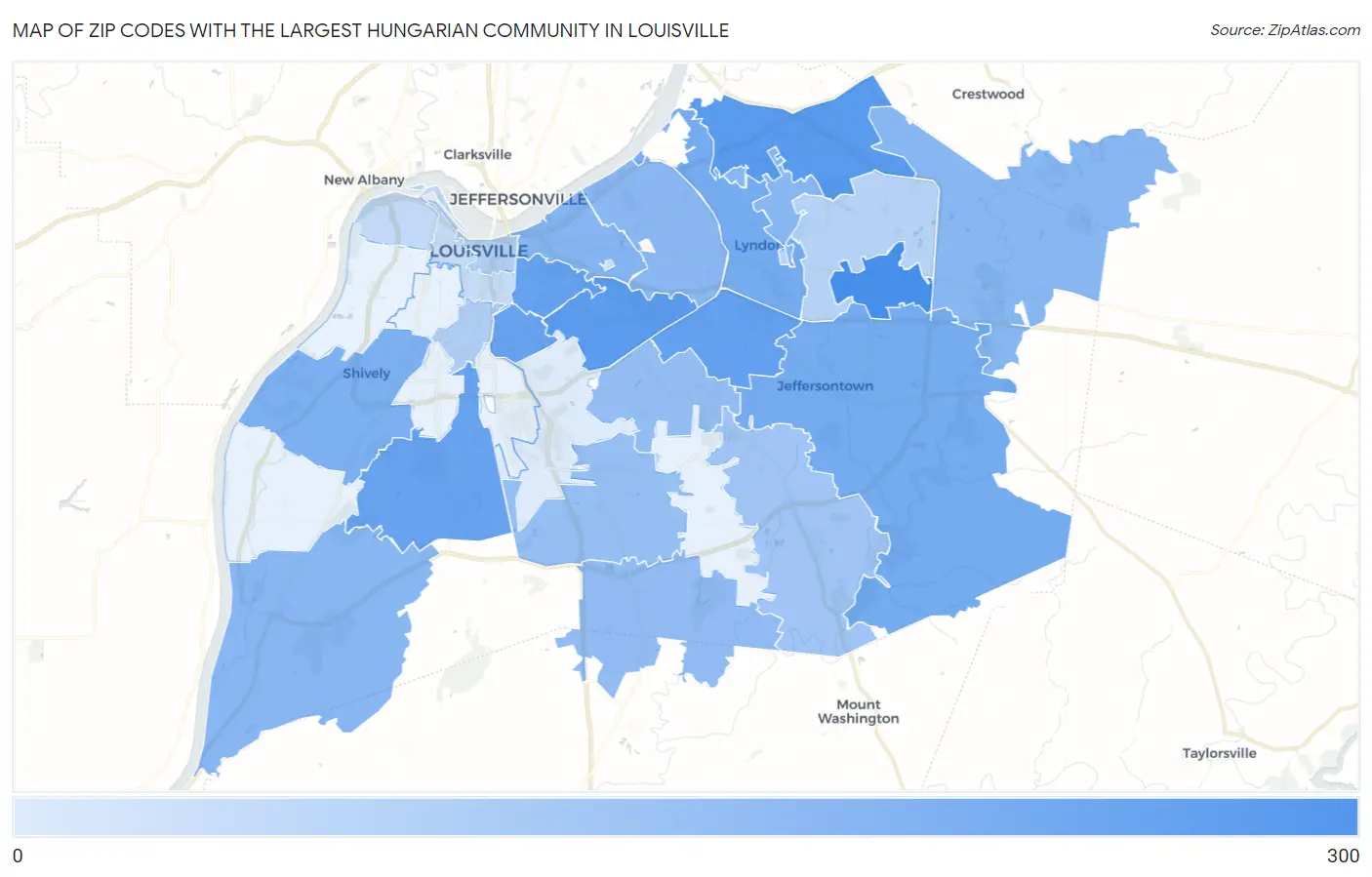 Zip Codes with the Largest Hungarian Community in Louisville Map