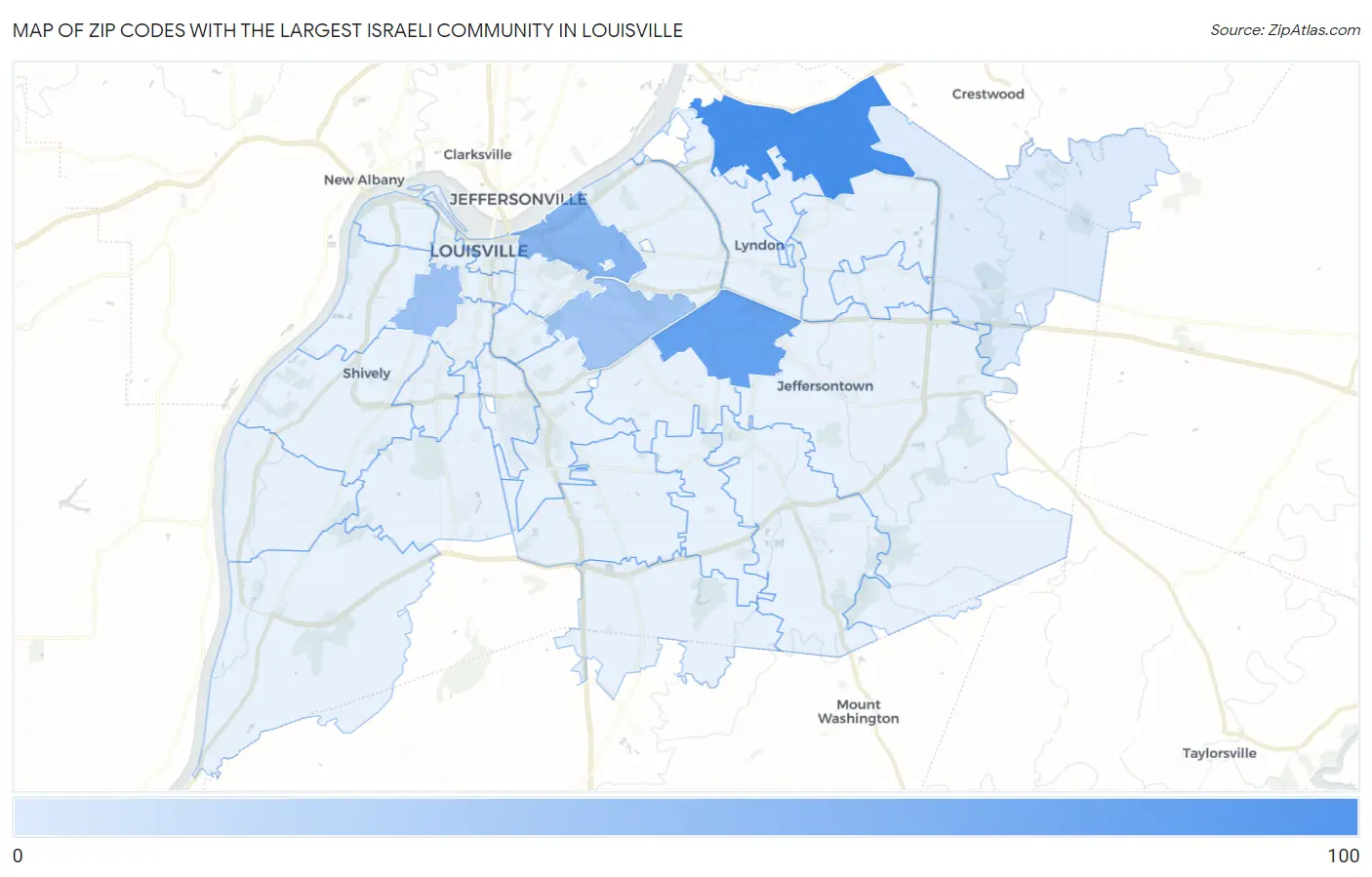 Zip Codes with the Largest Israeli Community in Louisville Map