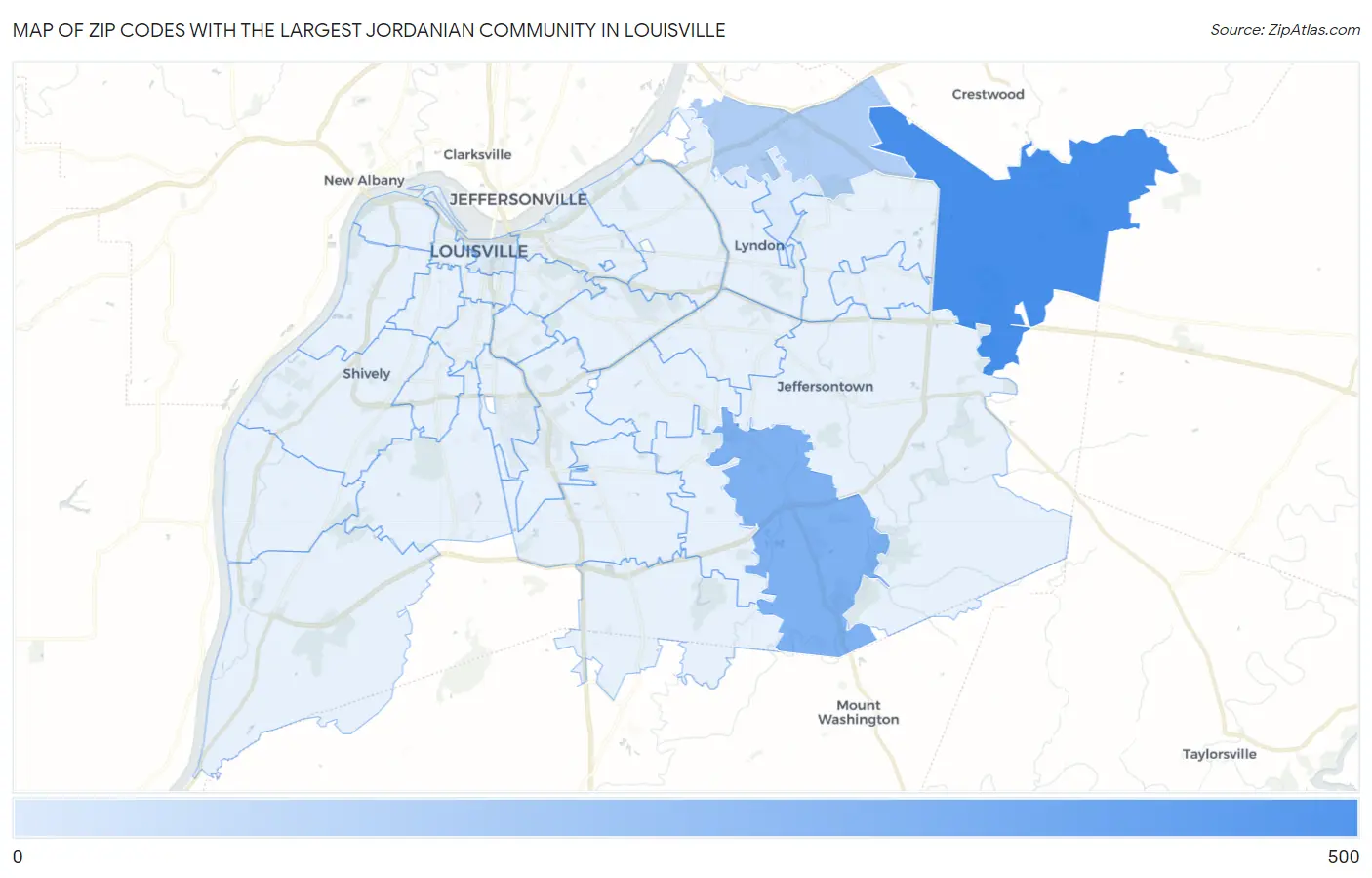 Zip Codes with the Largest Jordanian Community in Louisville Map