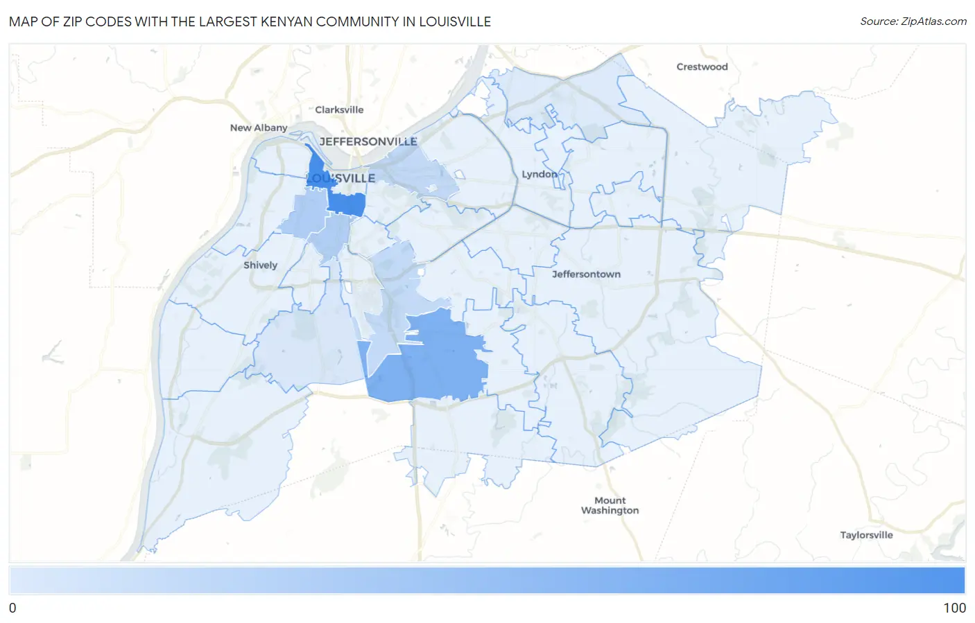 Zip Codes with the Largest Kenyan Community in Louisville Map