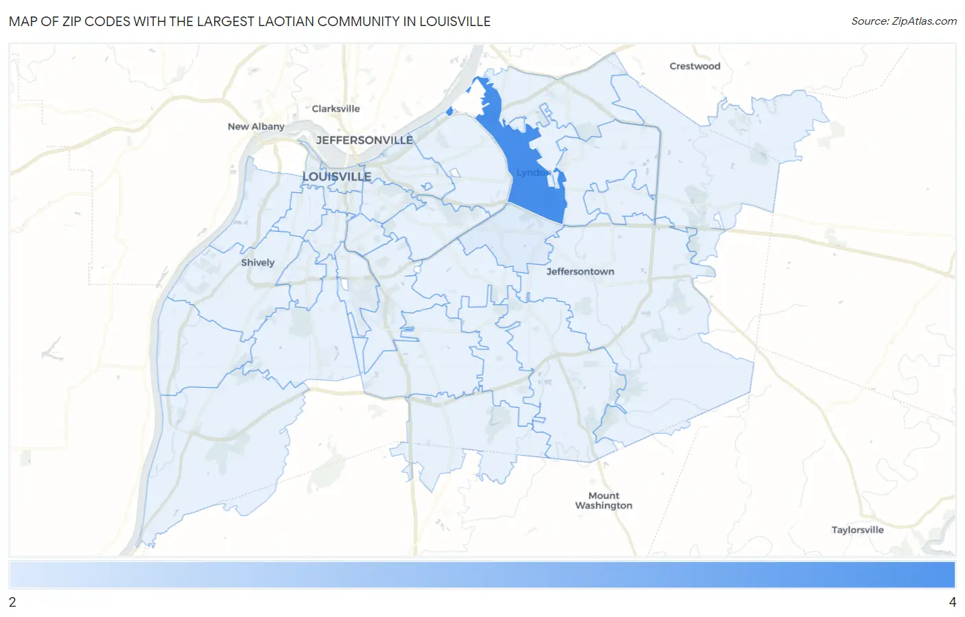 Zip Codes with the Largest Laotian Community in Louisville Map