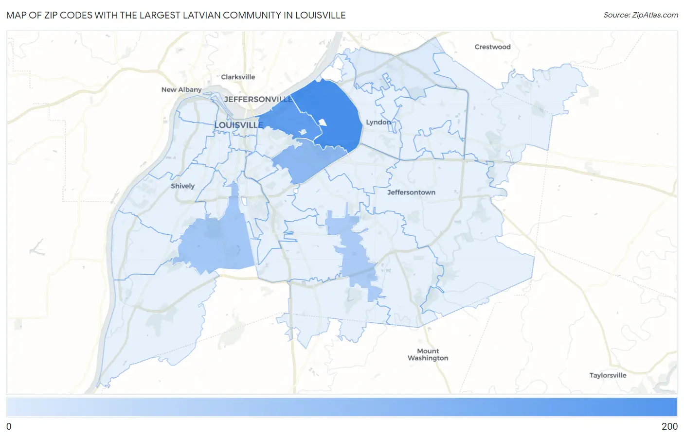 Zip Codes with the Largest Latvian Community in Louisville Map