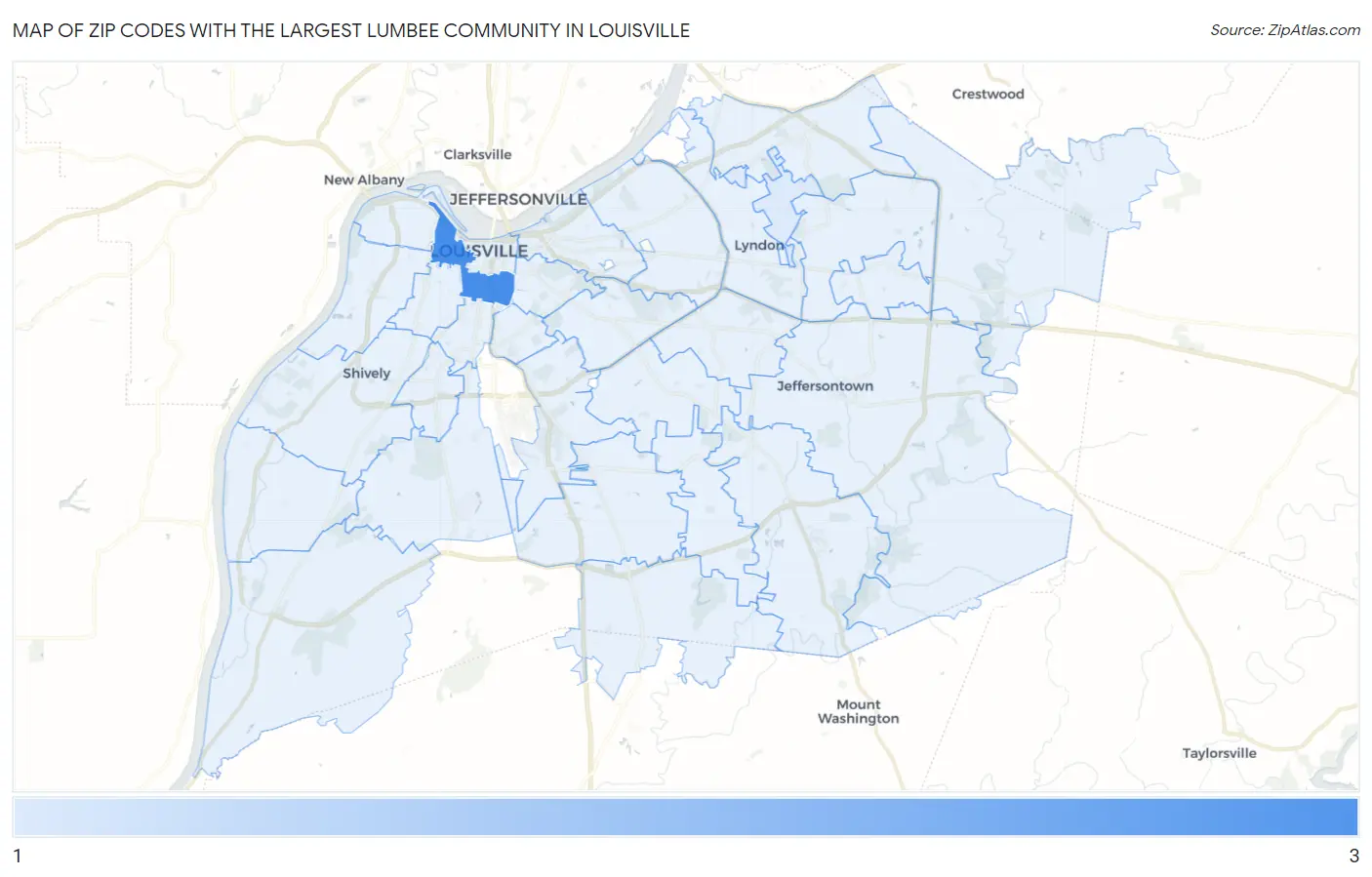 Zip Codes with the Largest Lumbee Community in Louisville Map