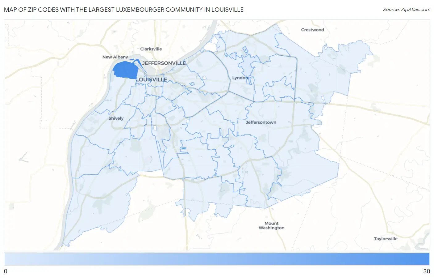 Zip Codes with the Largest Luxembourger Community in Louisville Map