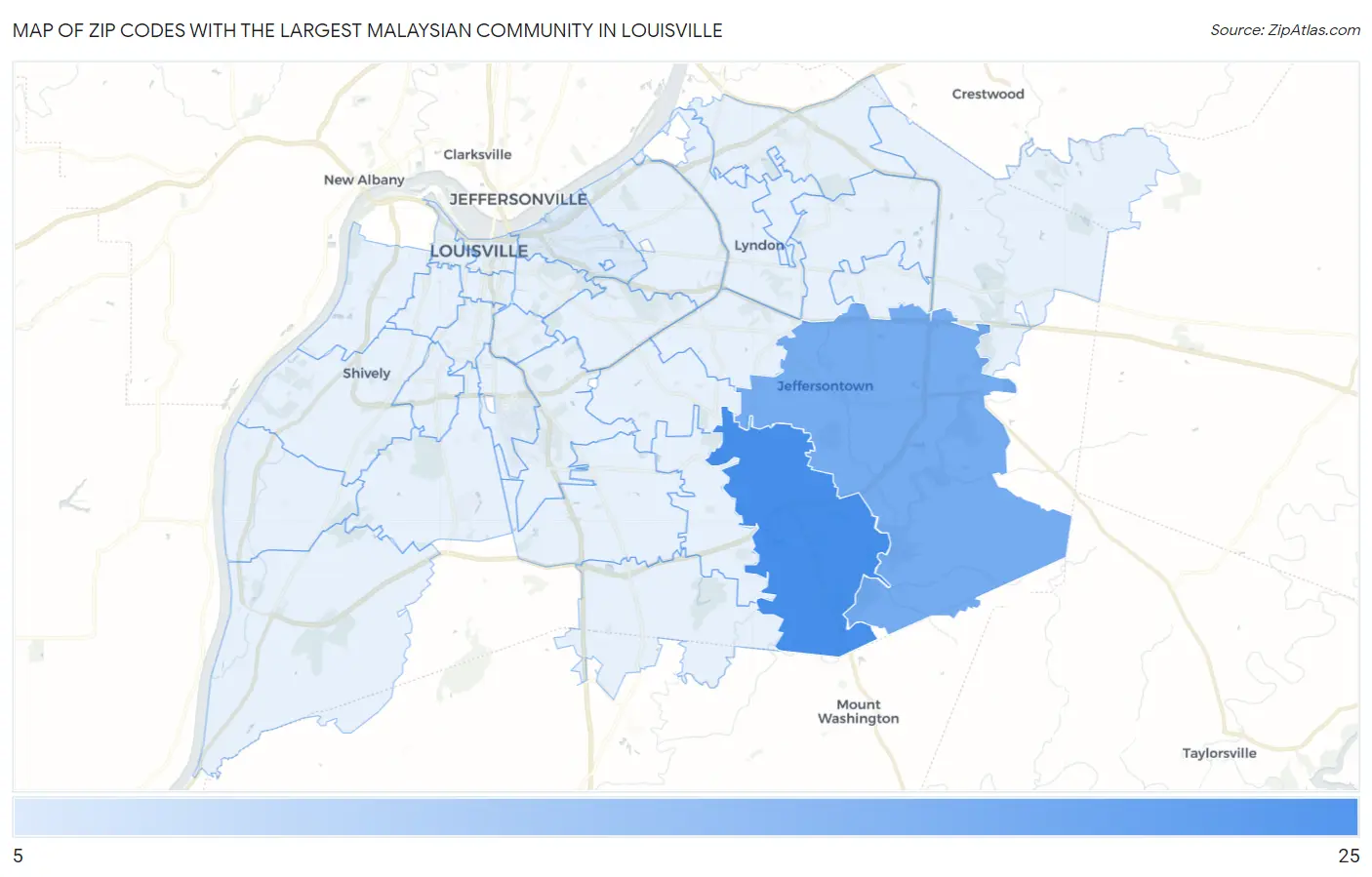 Zip Codes with the Largest Malaysian Community in Louisville Map
