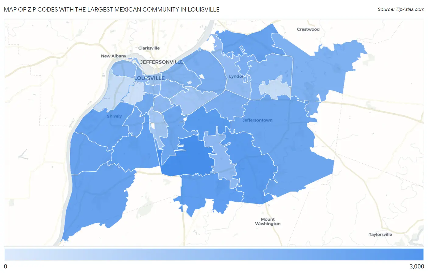 Zip Codes with the Largest Mexican Community in Louisville Map