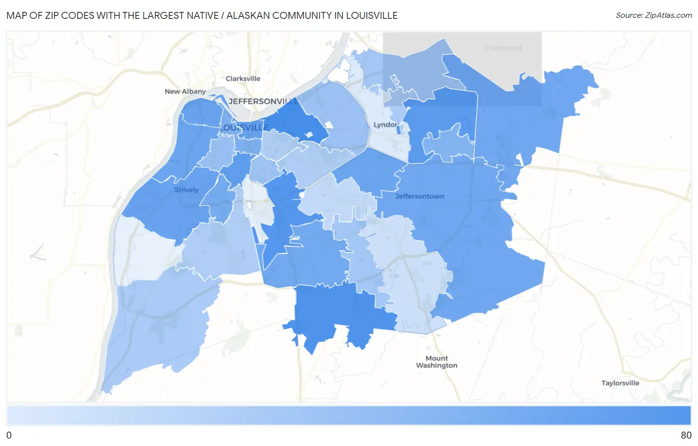 Zip Codes with the Largest Native / Alaskan Community in Louisville Map