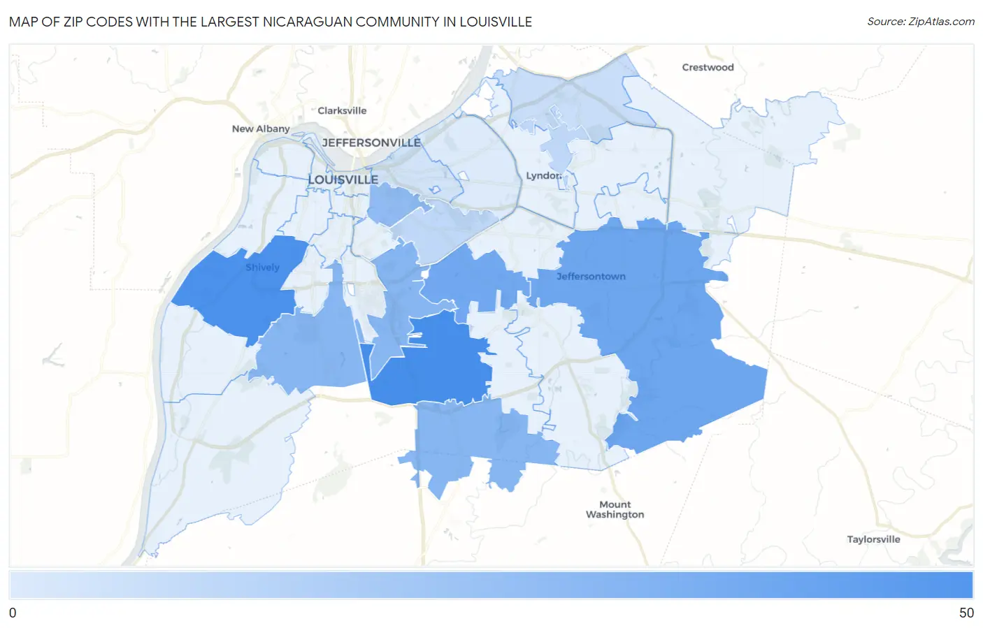 Zip Codes with the Largest Nicaraguan Community in Louisville Map