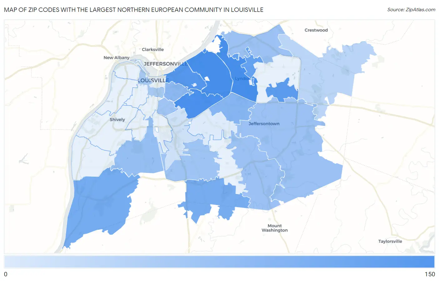 Zip Codes with the Largest Northern European Community in Louisville Map
