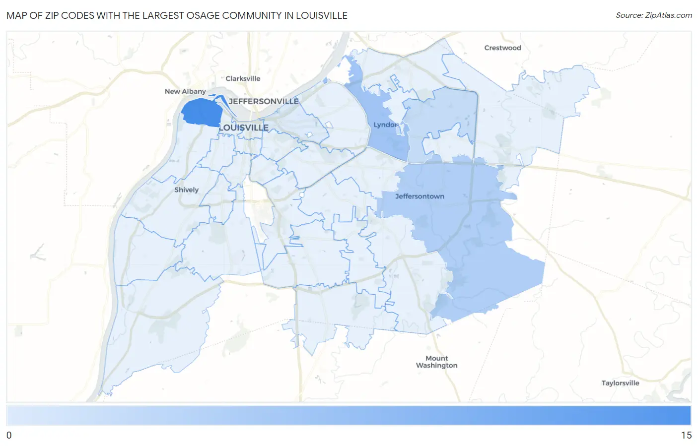 Zip Codes with the Largest Osage Community in Louisville Map