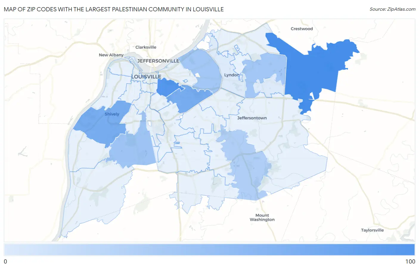 Zip Codes with the Largest Palestinian Community in Louisville Map