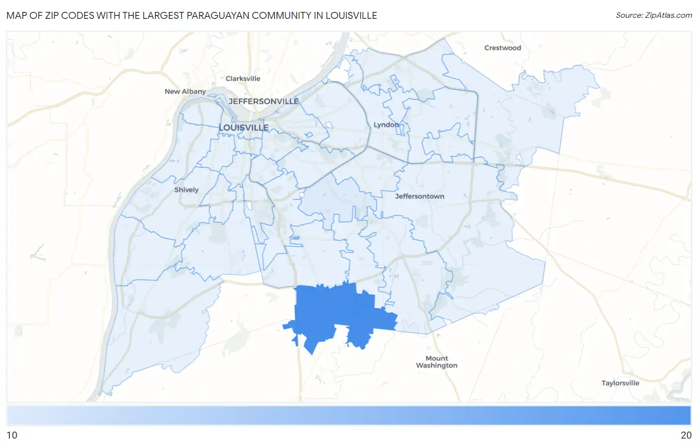 Zip Codes with the Largest Paraguayan Community in Louisville Map