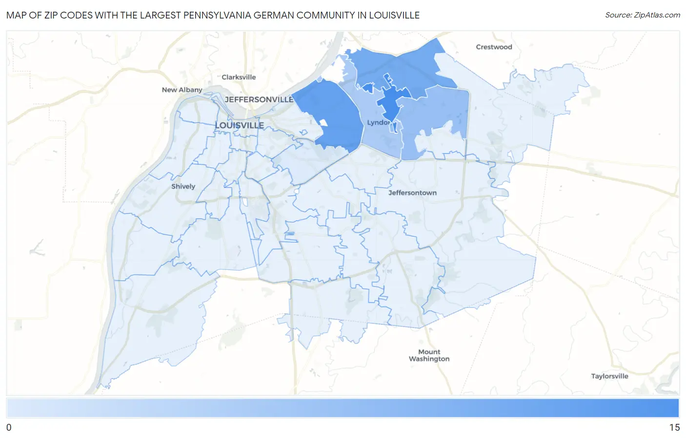 Zip Codes with the Largest Pennsylvania German Community in Louisville Map