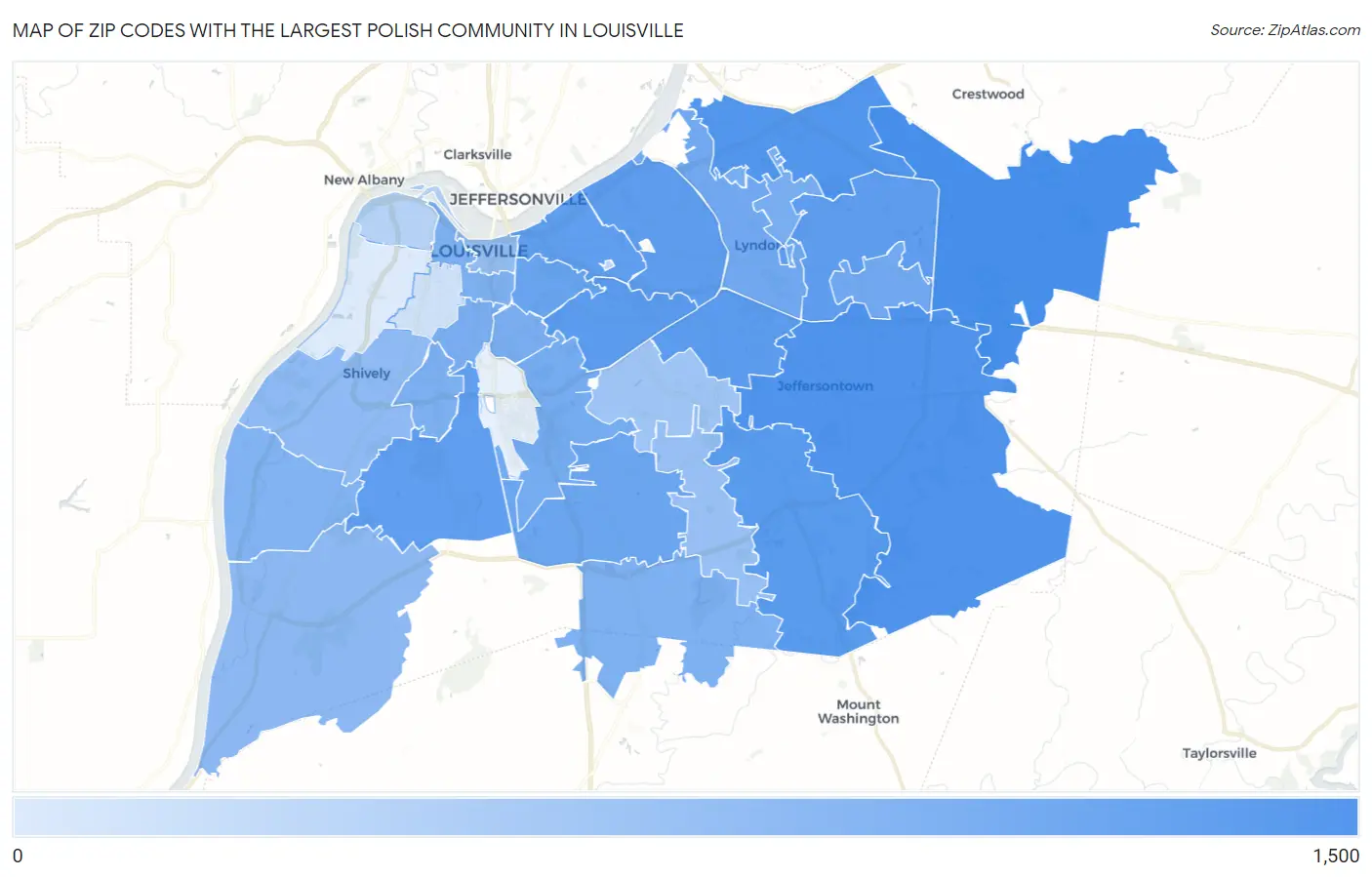 Zip Codes with the Largest Polish Community in Louisville Map