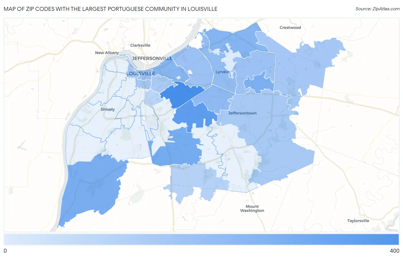 Zip Codes with the Largest Portuguese Community in Louisville Map