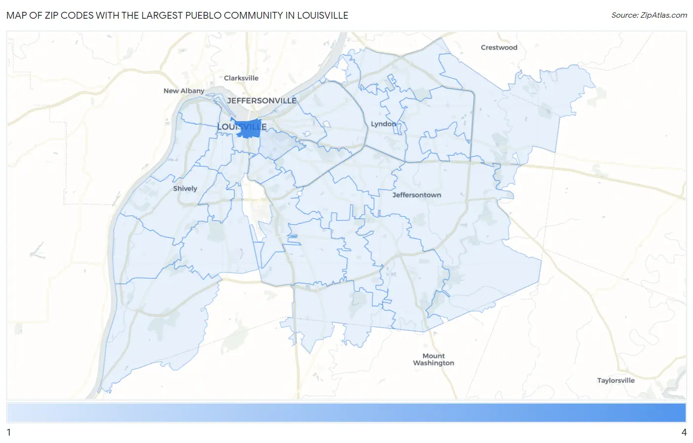 Zip Codes with the Largest Pueblo Community in Louisville Map