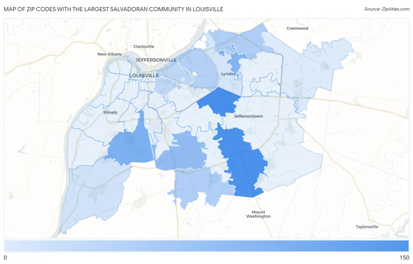 Zip Codes with the Largest Salvadoran Community in Louisville Map