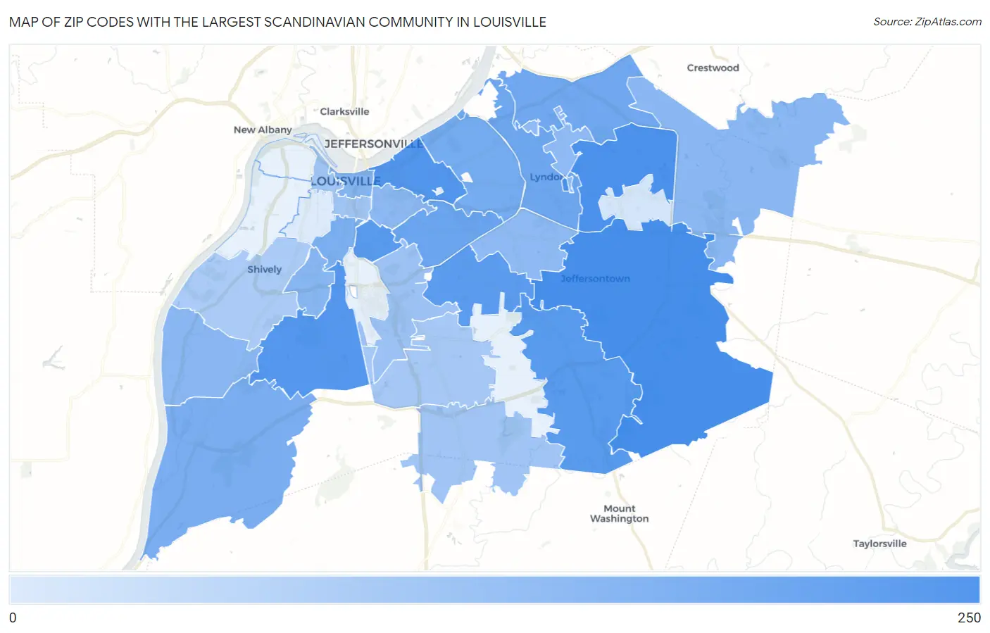 Zip Codes with the Largest Scandinavian Community in Louisville Map