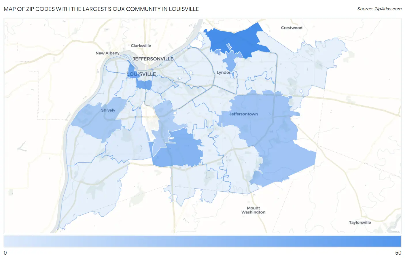 Zip Codes with the Largest Sioux Community in Louisville Map