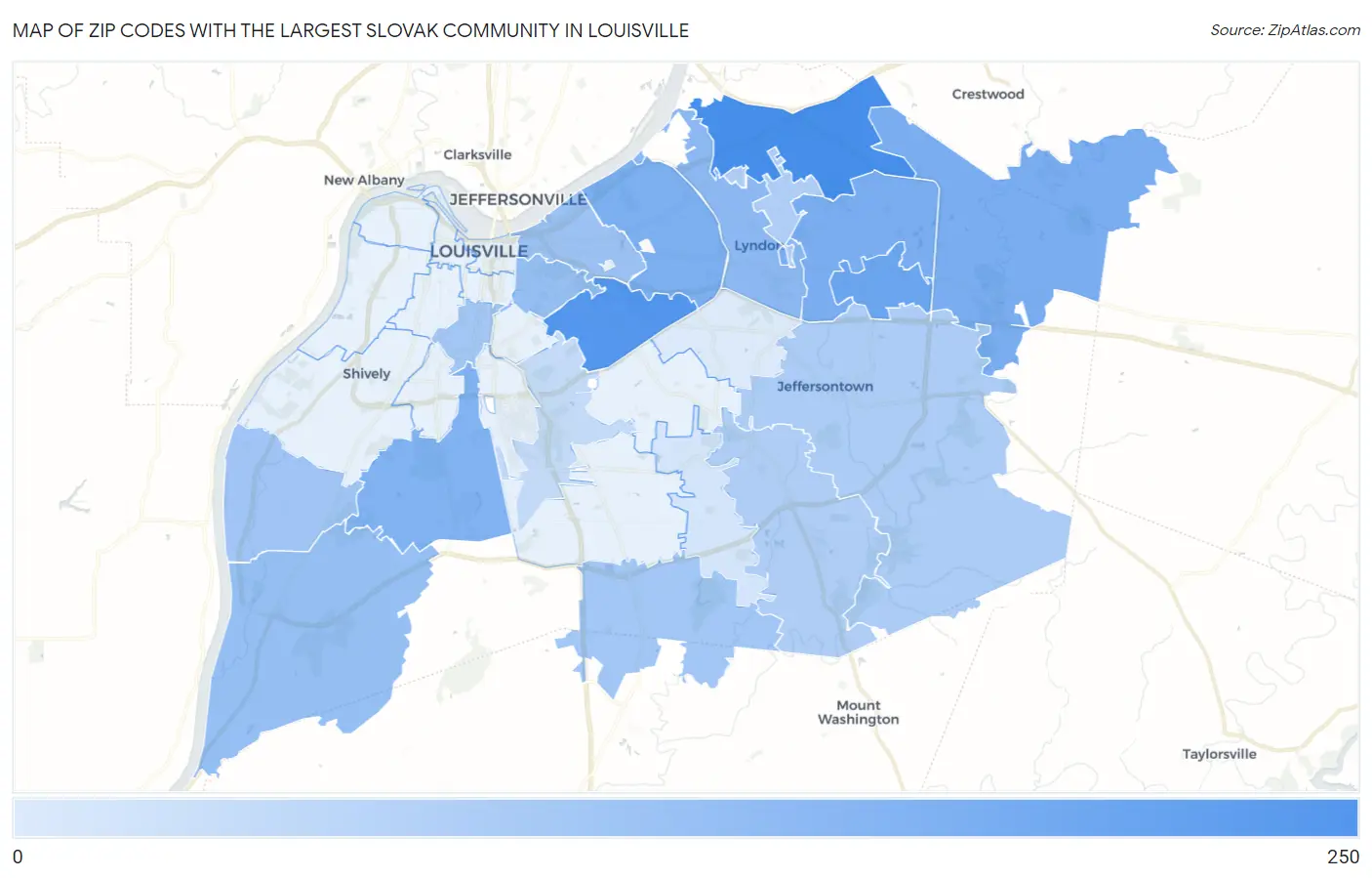 Zip Codes with the Largest Slovak Community in Louisville Map