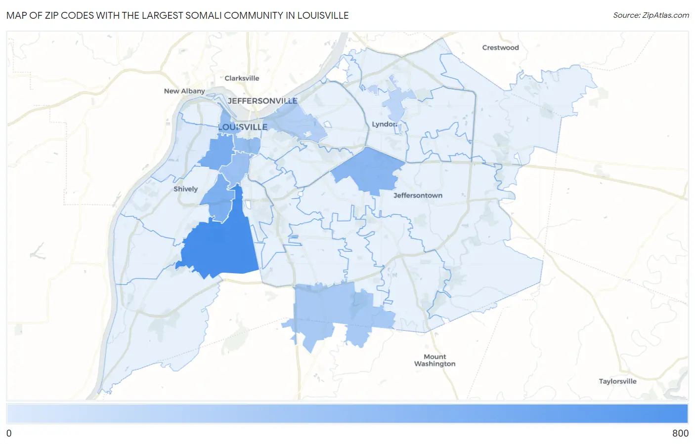 Zip Codes with the Largest Somali Community in Louisville Map