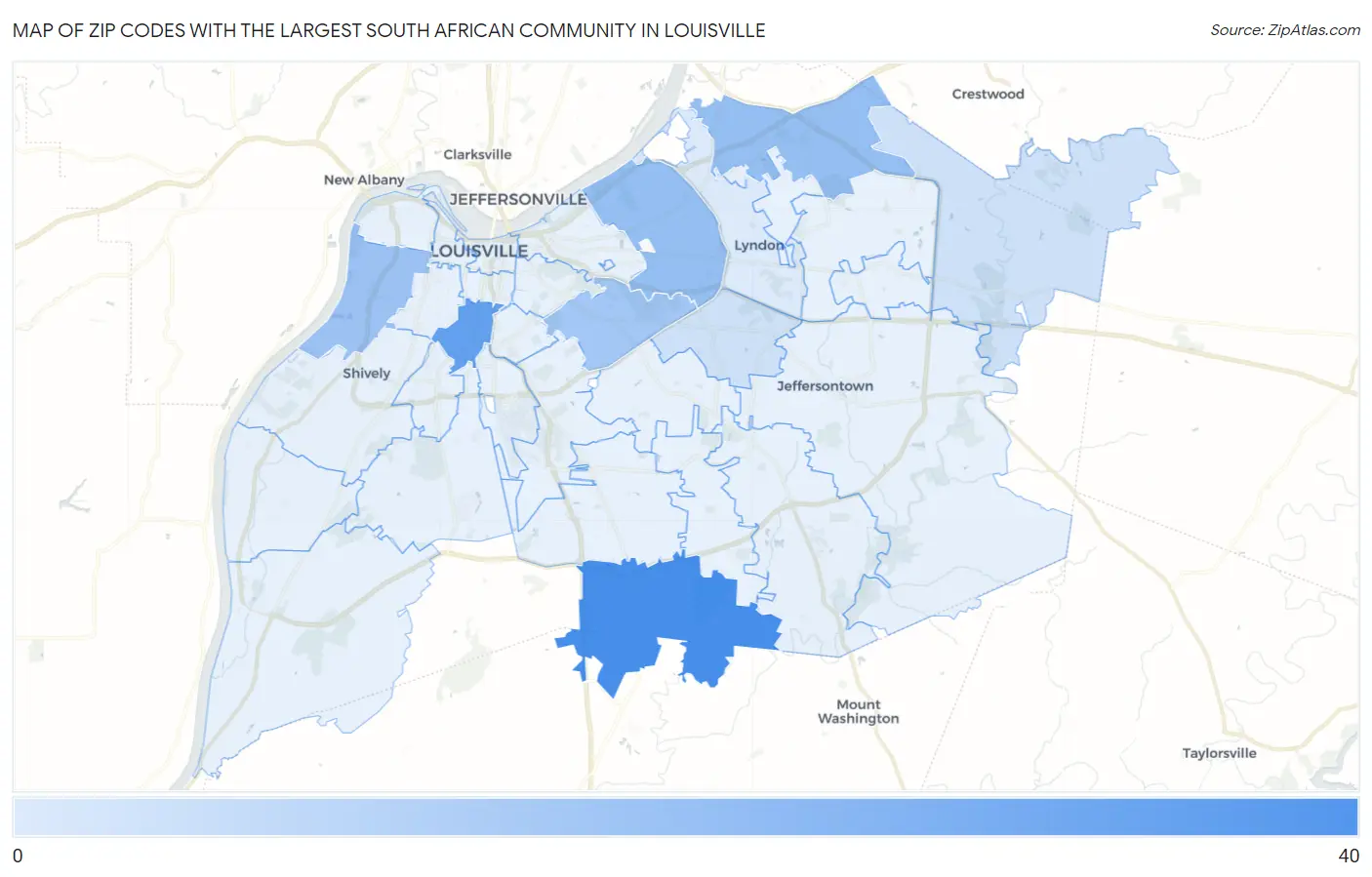 Zip Codes with the Largest South African Community in Louisville Map