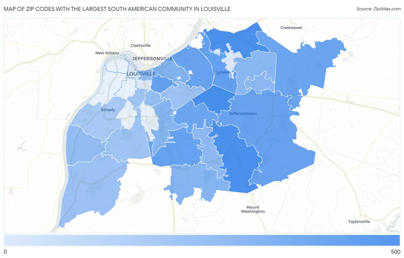 Zip Codes with the Largest South American Community in Louisville Map