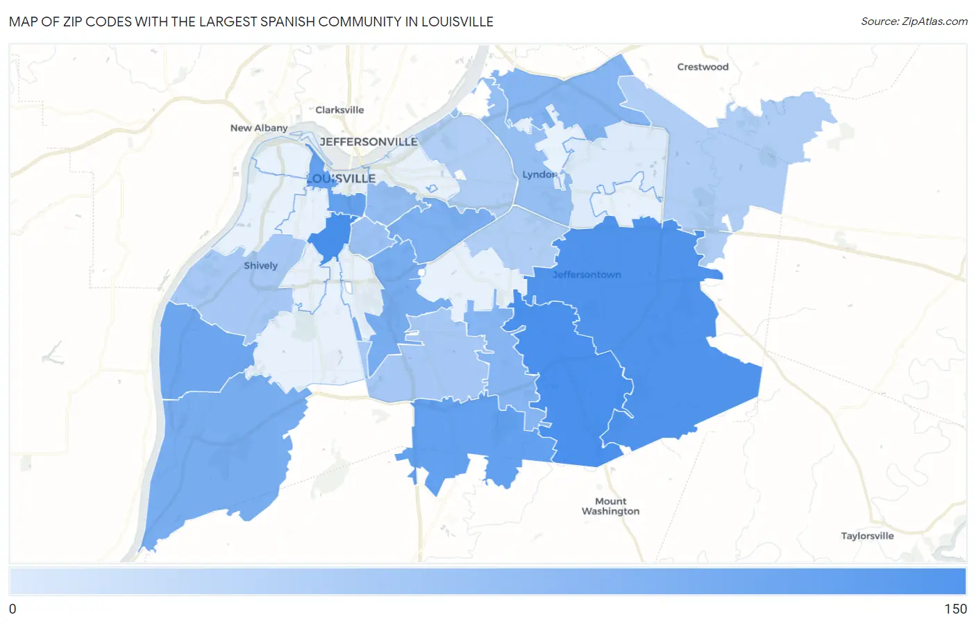 Zip Codes with the Largest Spanish Community in Louisville Map