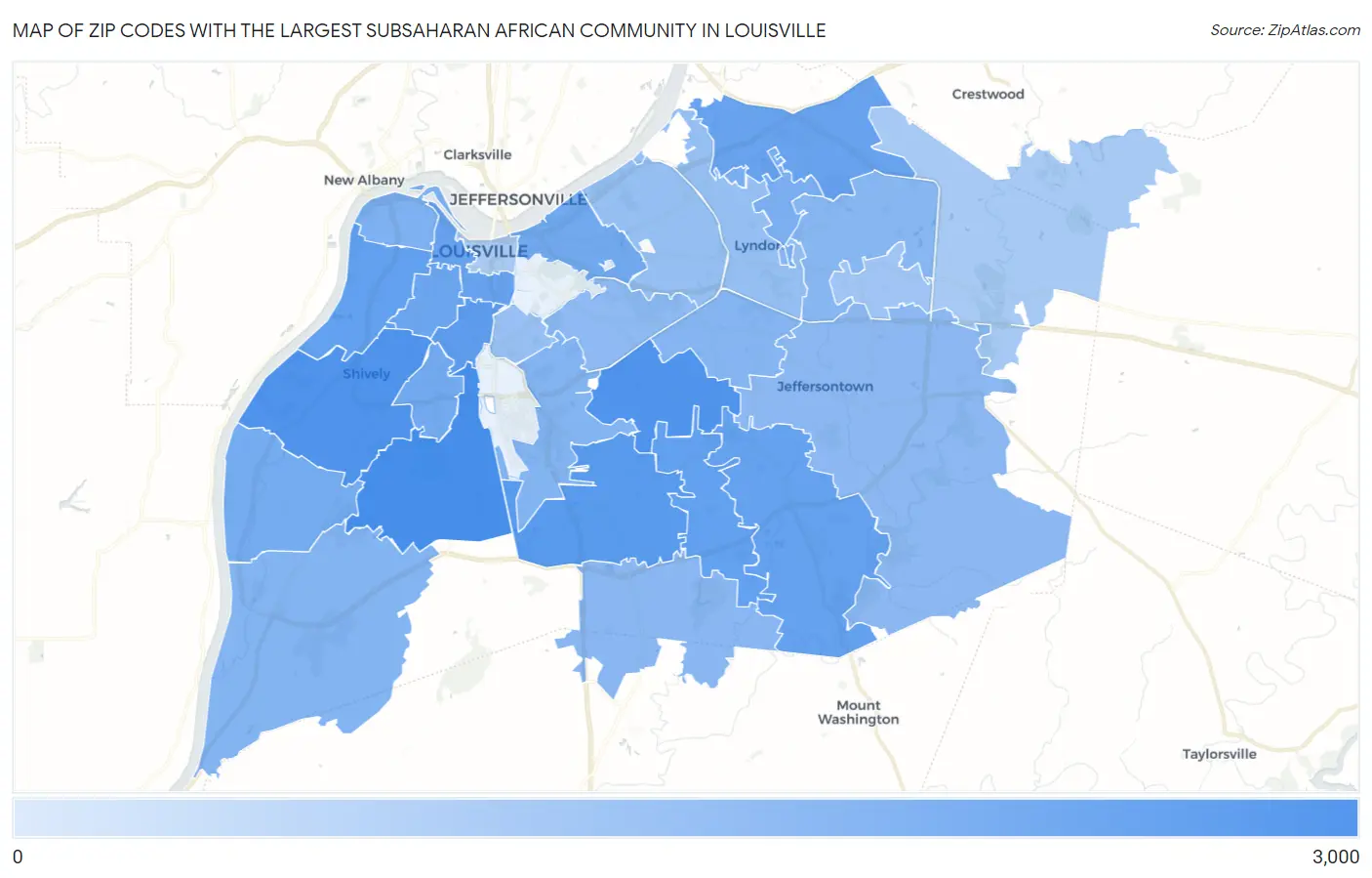 Zip Codes with the Largest Subsaharan African Community in Louisville Map