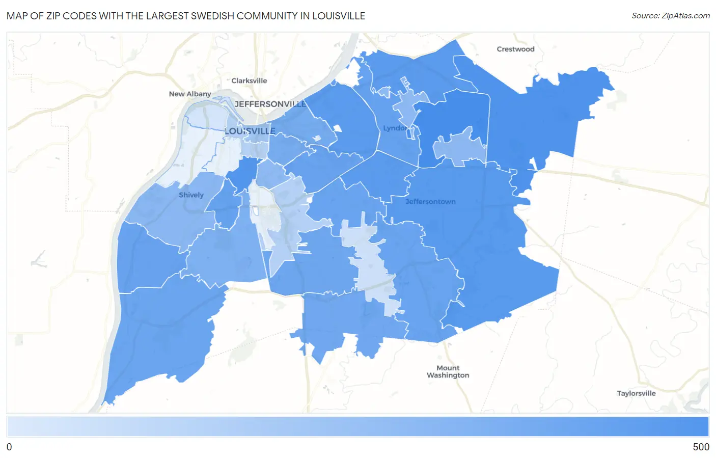 Zip Codes with the Largest Swedish Community in Louisville Map