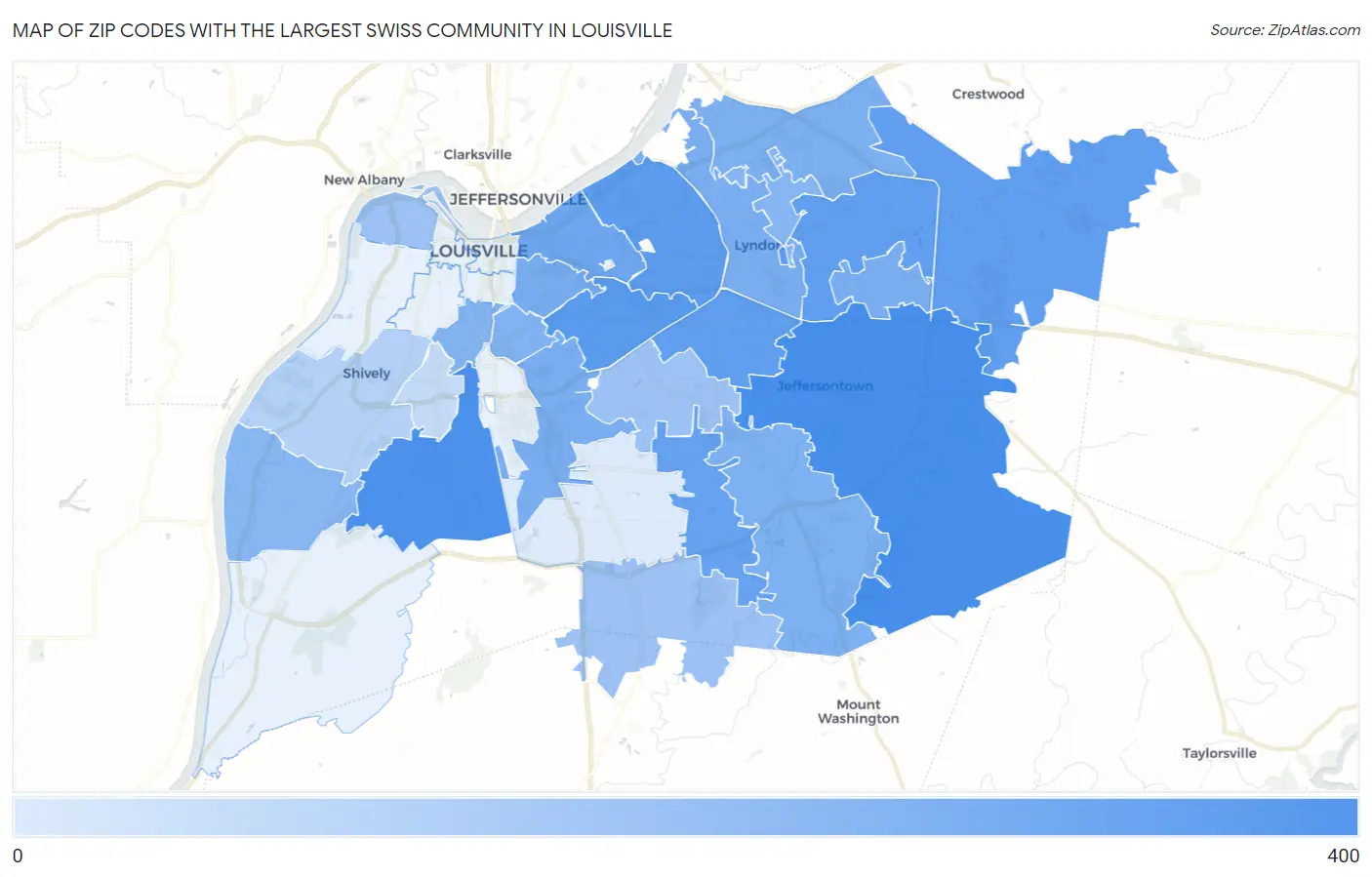 Zip Codes with the Largest Swiss Community in Louisville Map