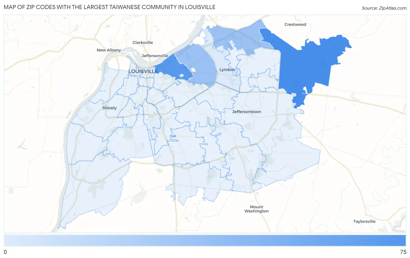 Zip Codes with the Largest Taiwanese Community in Louisville Map