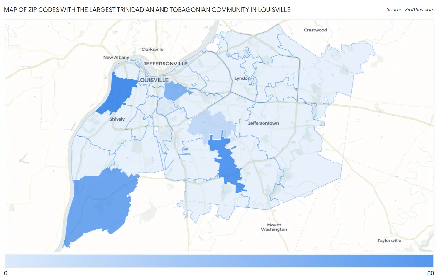 Zip Codes with the Largest Trinidadian and Tobagonian Community in Louisville Map