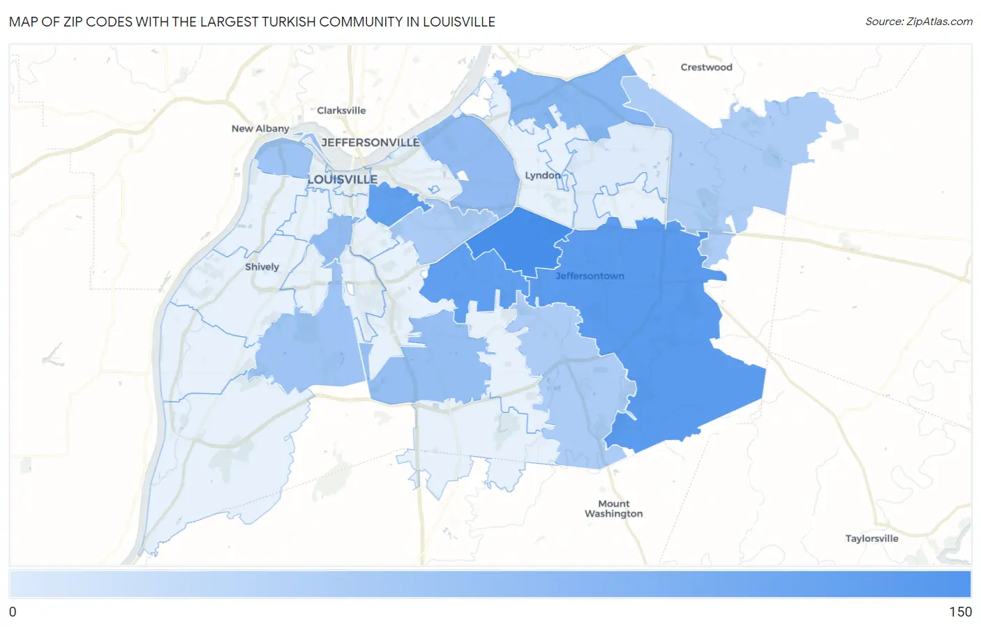 Zip Codes with the Largest Turkish Community in Louisville Map