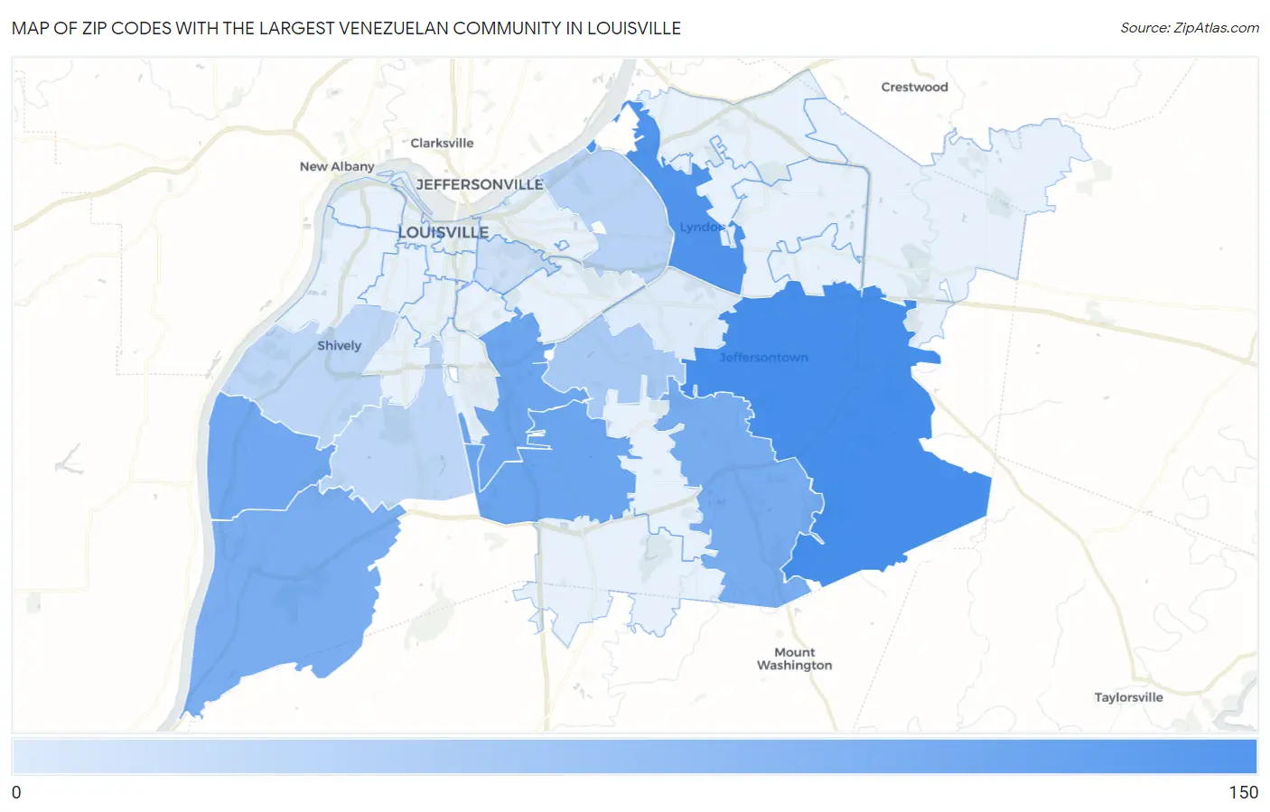Zip Codes with the Largest Venezuelan Community in Louisville Map