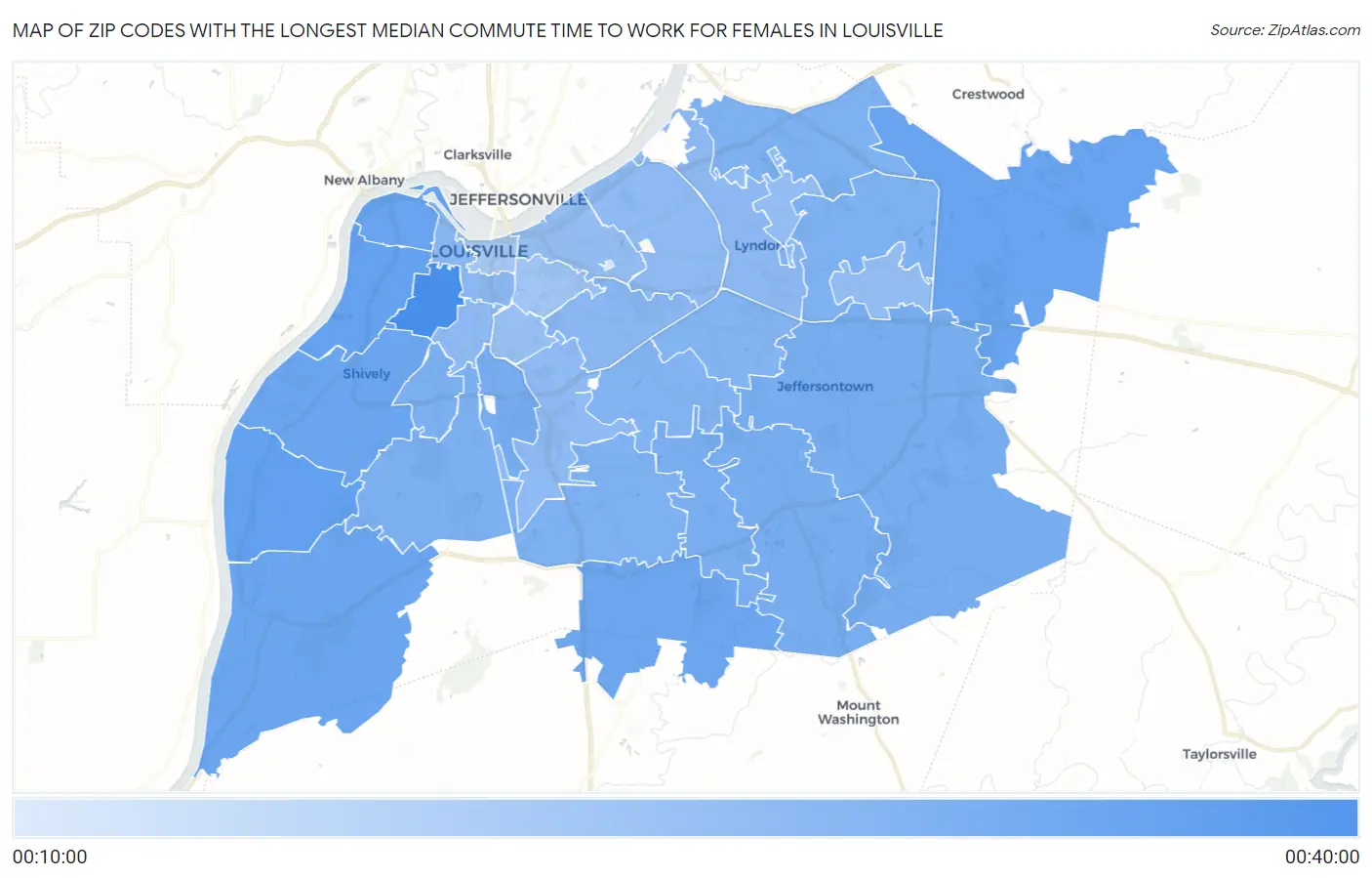Zip Codes with the Longest Median Commute Time to Work for Females in Louisville Map