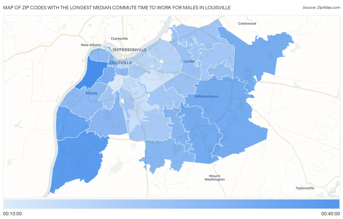 Zip Codes with the Longest Median Commute Time to Work for Males in Louisville Map