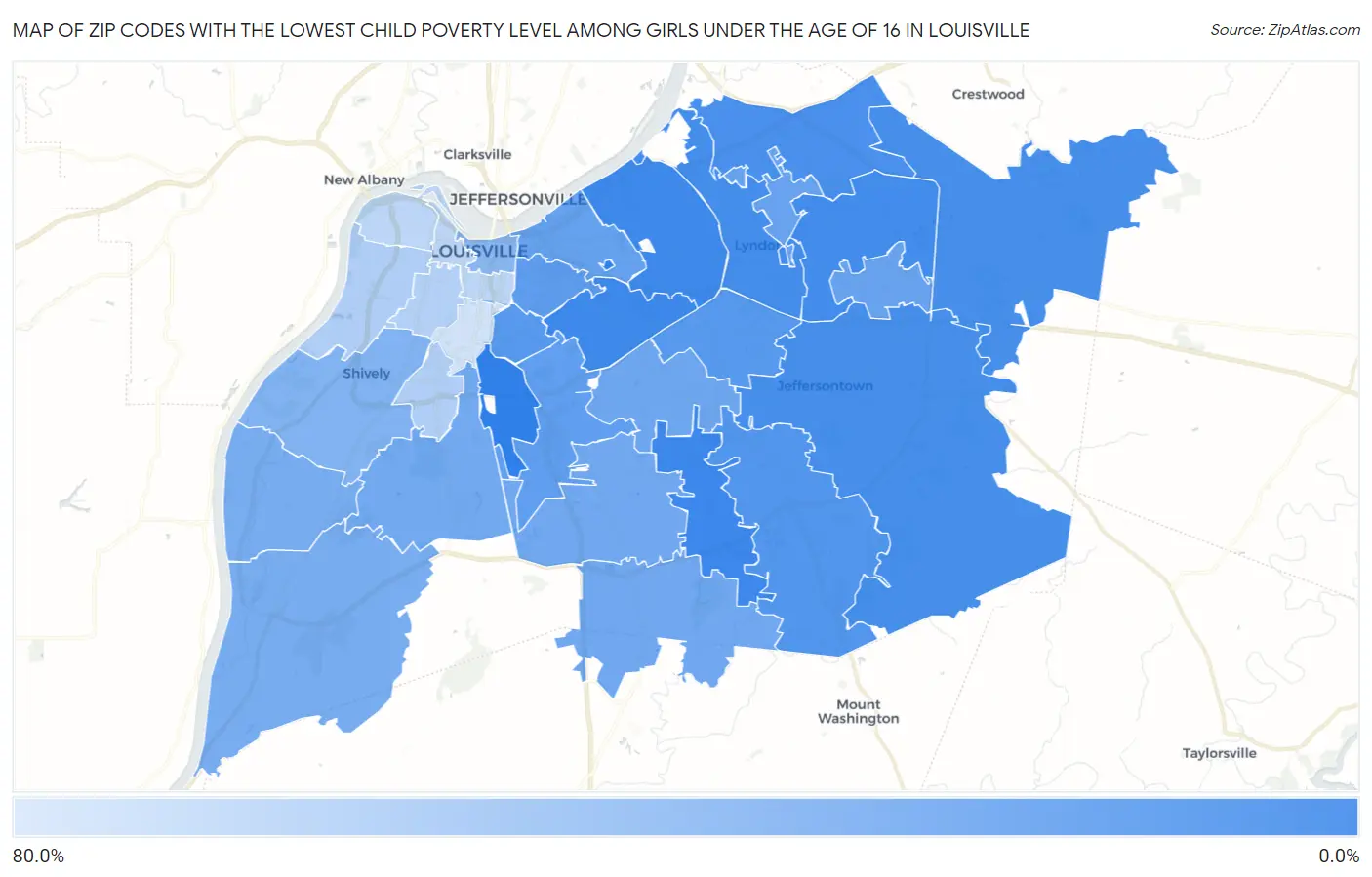 Zip Codes with the Lowest Child Poverty Level Among Girls Under the Age of 16 in Louisville Map